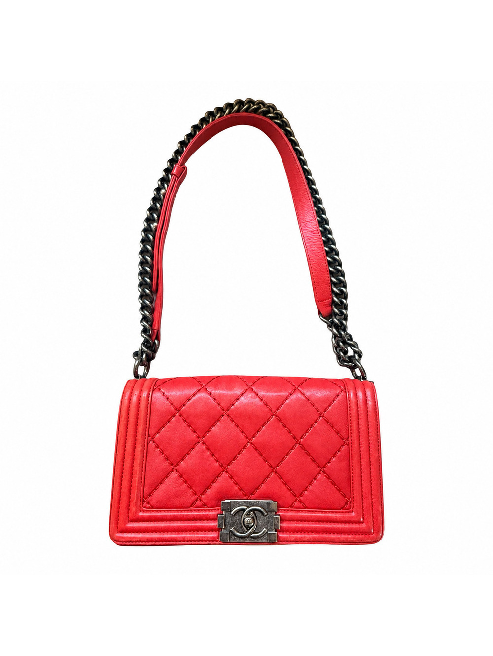 CHANEL Boy Flap Medium Bag – Red Quilted Lambskin with Ruthenium Hardware